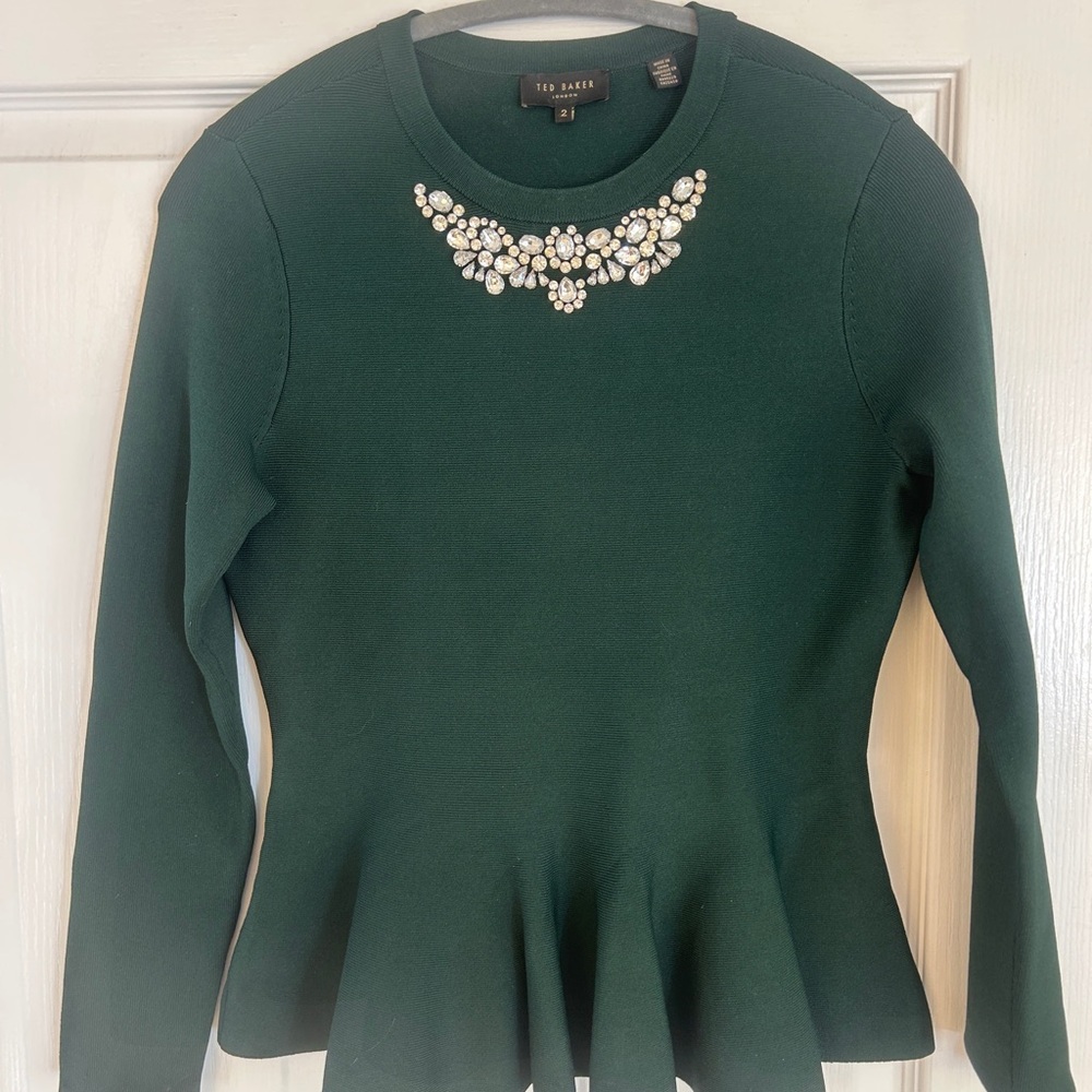 Ted Baker Dark Green Embellished Peplum Blouse